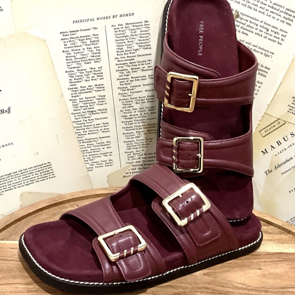 Free People Sage Square Toe Footbed Slides Cabernet Wine Leather